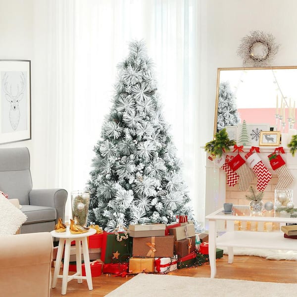 6 ft. Green Snow Flocked Artificial Christmas Tree with Pine Cone and Red Berries