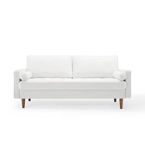 Valour 73 in. White Velvet 4-Seater Tuxedo Sofa with Wood Legs