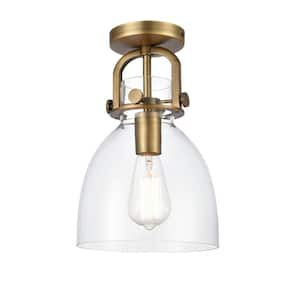 Newton Bell 8 in. 1-Light Brushed Brass Flush Mount with Clear Glass Shade