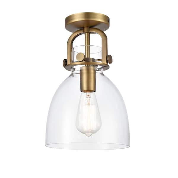 Innovations Newton Bell 8 in. 1-Light Brushed Brass Flush Mount with Clear Glass Shade