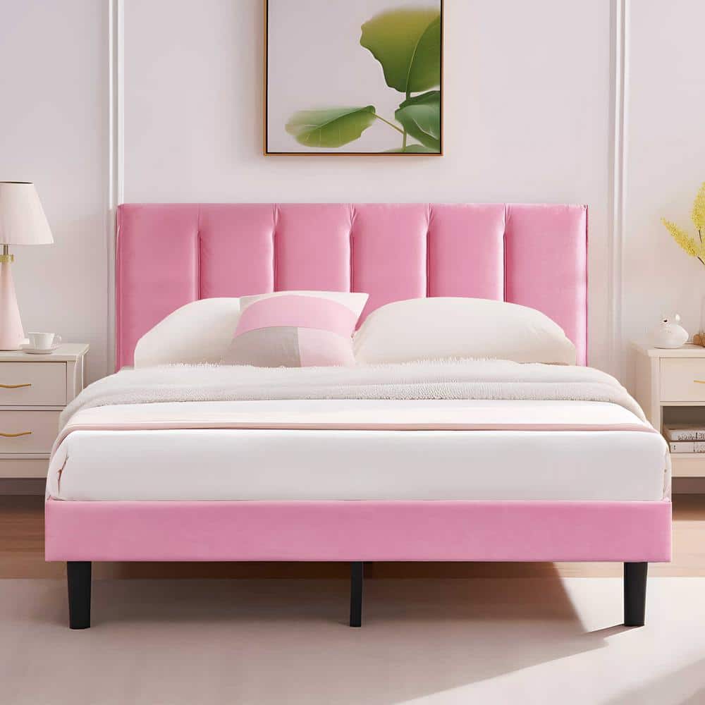 VECELO Upholstered Bedframe, Pink Metal Frame Queen Platform Bed with