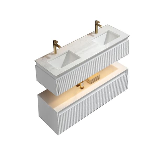Modland Wilton 60 in. W x 20.8 in. D x 19.6 in. H Floating Bathroom Vanity Set in White with White Double Undermount Basins