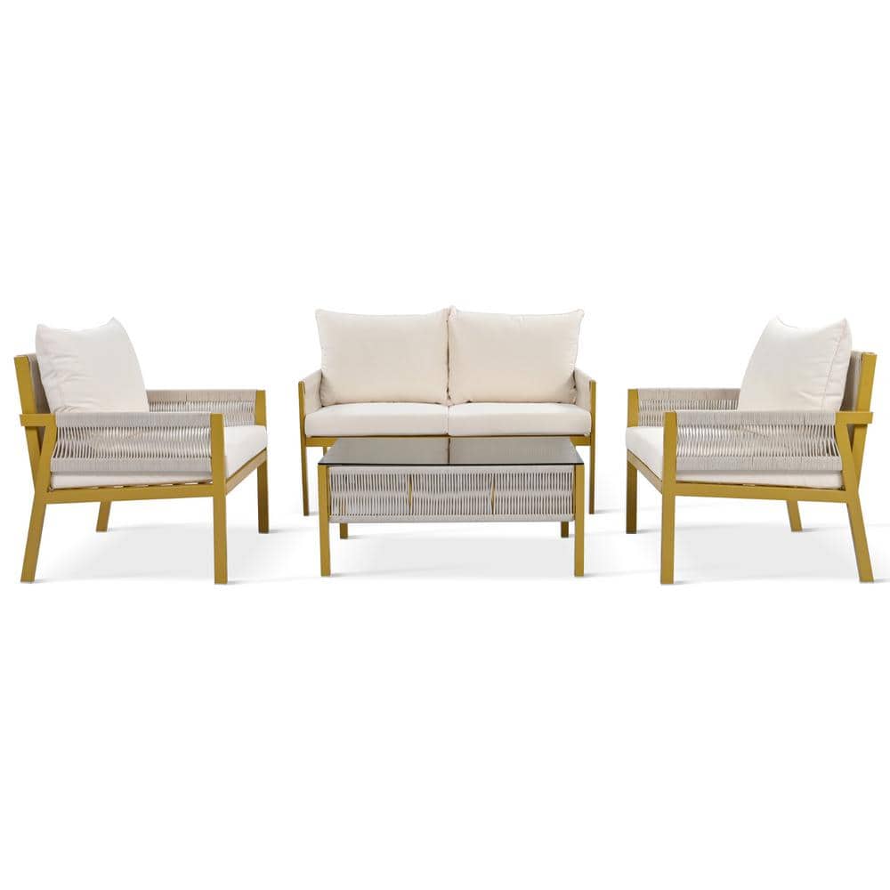 Yellow 4-Piece Metal Outdoor Sectional Set, Patio Conversation Set with Thi