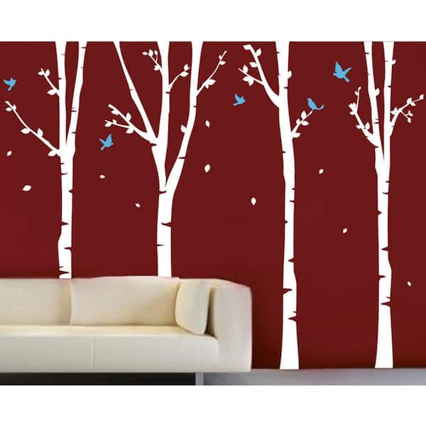 Pop Decors 124 in. x 102 in. White Trees, Ice Blue Birds 4-Super Birch Trees Removable Wall Decal
