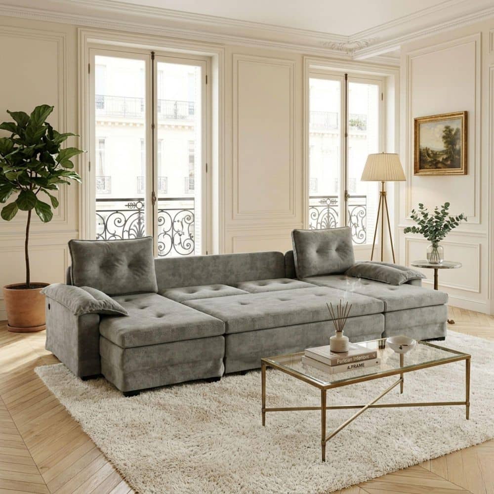 NOAH 109.5 in. Sage Gray Chenille Sofa Bed in Full Size, with Dual Lounge Seats, Convertible Sofa Bed, and USB Port price history on PriceWatchPro