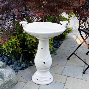 24 in. Tall Outdoor Antique Ceramic Birdbath with Bird Figurines Yard Statue, Light Brown