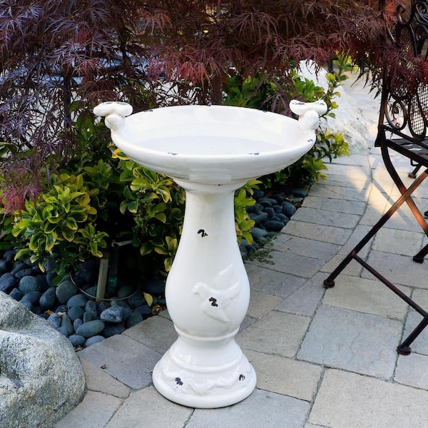 24 in. Tall Outdoor Antique Ceramic Birdbath with Bird Figurines Yard Statue, Light Brown