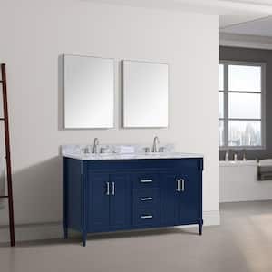 Bristol 61 in. W x 22 in. D x 35 in. H Bath Vanity in Navy Blue with White Marble Top