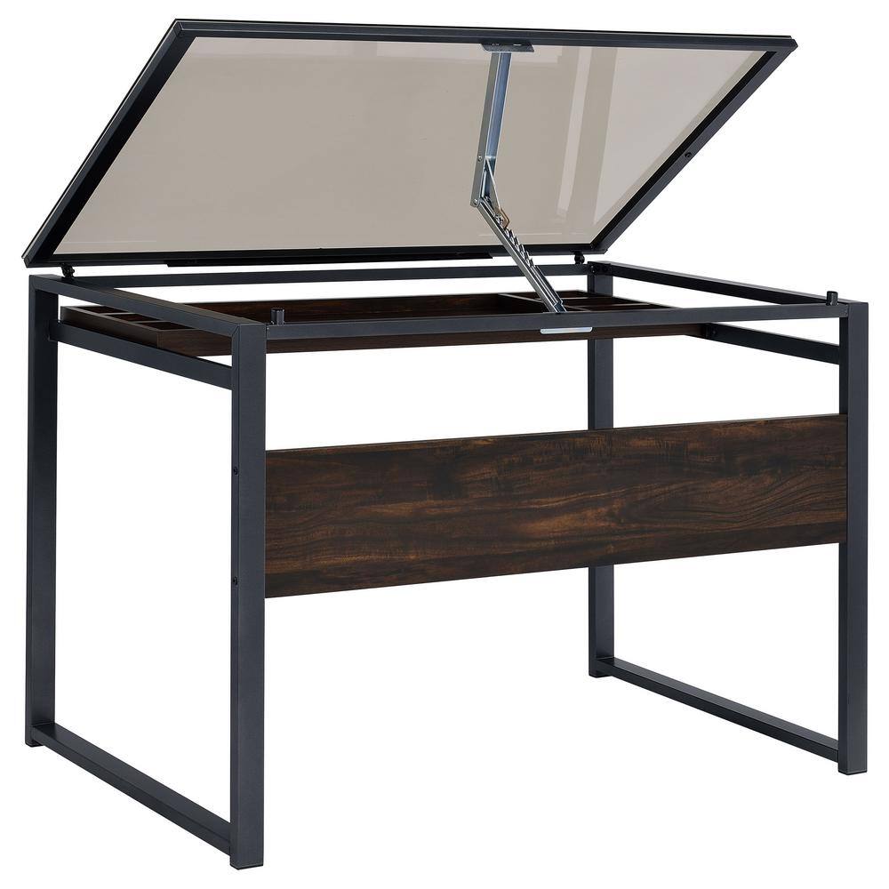 Pantano Dark Gunmetal and Chestnut Glass Top Drafting Desk