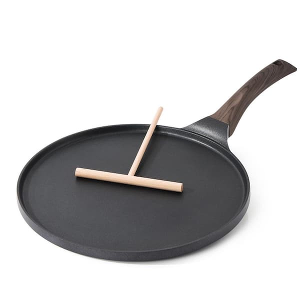 12 in. Non-Stick Crepe Pan - Aluminum Core, Heat-Resistant Handle, All-Stove Compatible with Wooden Spreader, in Black