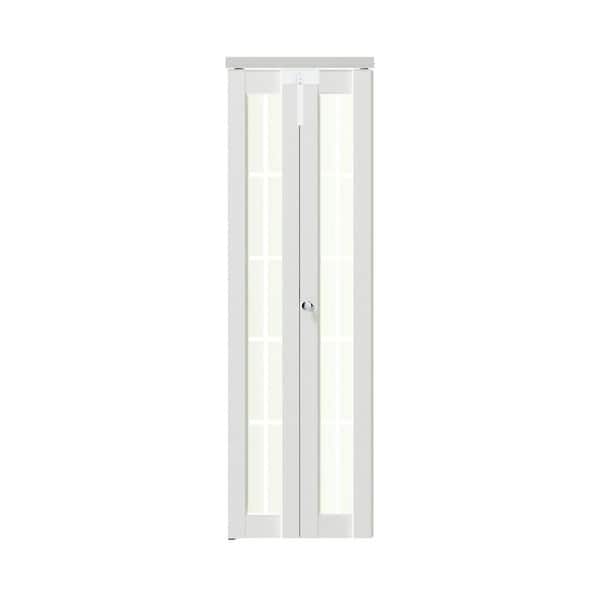 24 in. x 80 in. 10 Lite Decorative Frosted Glass Solid Core White PVC Covering MDF Bi-fold Doors with Full Accessories