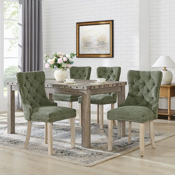 Rustic 5-Pieces Rectangular Weathered Wood Tone Top Dining Table Set with Green Chair 4 Seats