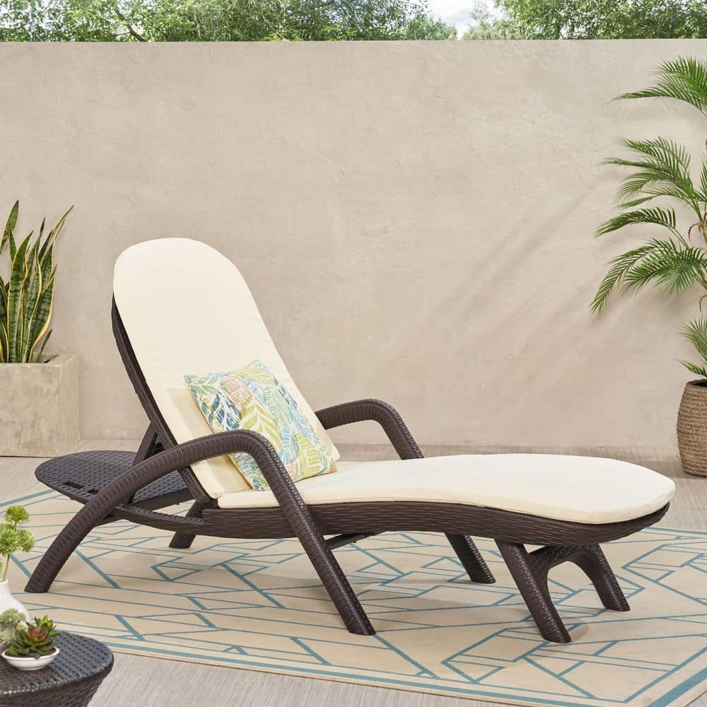 Dark Brown Wicker All Weather Patio Outdoor Chaise Lounge with Beige Cushio