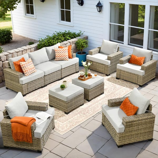 HOOOWOOO Kelleys 9-Piece Wicker Modern Outdoor Patio Conversation Sofa Seating Set with Light Grey Cushions
