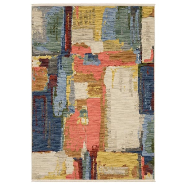 8 ft. x 11 ft. Pink, Red, Yellow Abstract Washable Area Rug