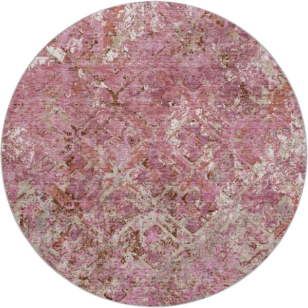 Dream Shag Premium Machine Washable Abstract ADS768 Pink 8 ft. x 8 ft. Round Rug
