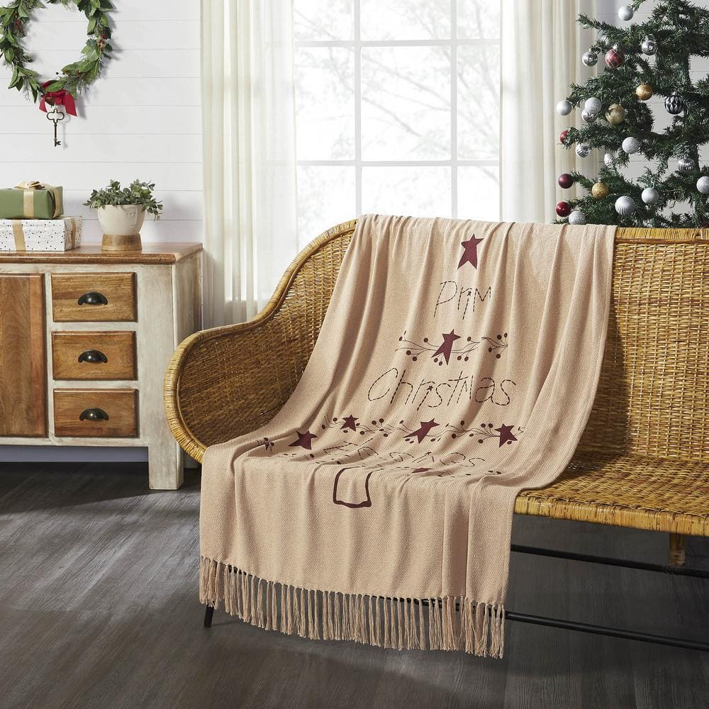 VHC BRANDS Gable Tan Burgundy Prim Christmas Blessings Woven Throw