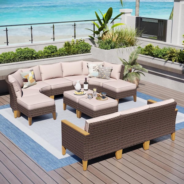 PHI VILLA Brown Rattan Wicker 12 Seat 12-Piece Steel Patio Outdoor Sectional Set with Beige Cushions