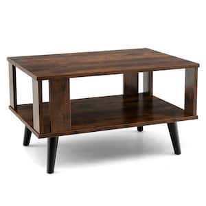 27.5 in. Rustic Brown Rectangle Wood Coffee Table Retro Mid-Century Coffee Table W/Storage Open Shelf Living Room