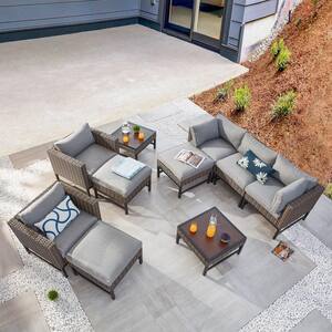 Right-Angle 10-Piece Wicker Patio Conversation Seating Set with Gray Cushions