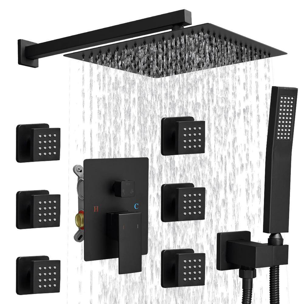 Matte Black 12-Inch Stainless Steel Multi-Head Wall Mounted Shower System