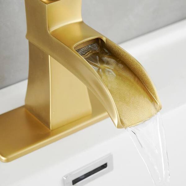 Waterfall Single Handle Stainless Steel Bathroom Faucet with Deckplate in Brushed Gold