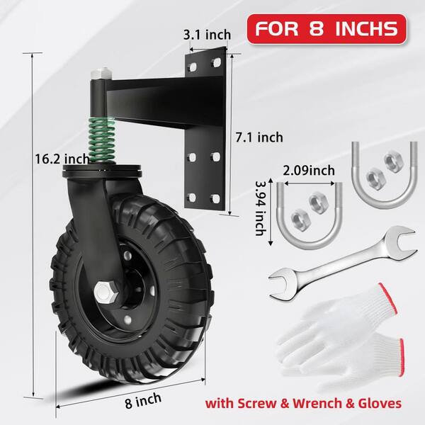 Heavy Duty 8" Gate Wheel With Spring - Stops Sagging For Wood & Metal Gates