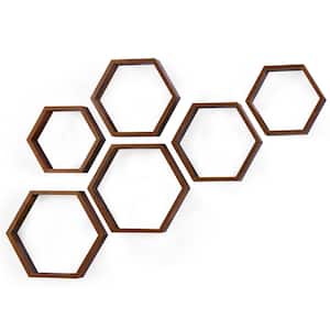Hexagon Floating Shelves Honeycomb Shelves for Wall, Burnt Brown (Set of 6)