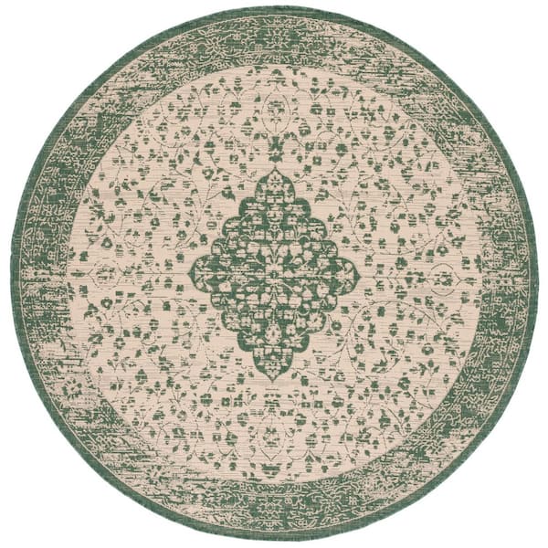 Courtyard Beige/Dark Green 7 ft. x 7 ft. Medallion Floral Border Indoor/Outdoor Round Area Rug