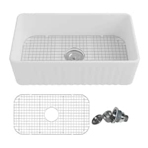 Harvest White Ceramic 30 in. L x 18 in. W Rectangular Single Bowl Farmhouse Apron Kitchen Sink with Grid and Strainer