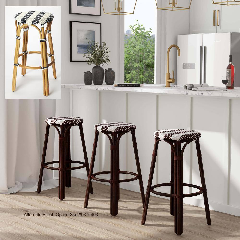 Blue and White Rattan Backless 30" Bar Stool
