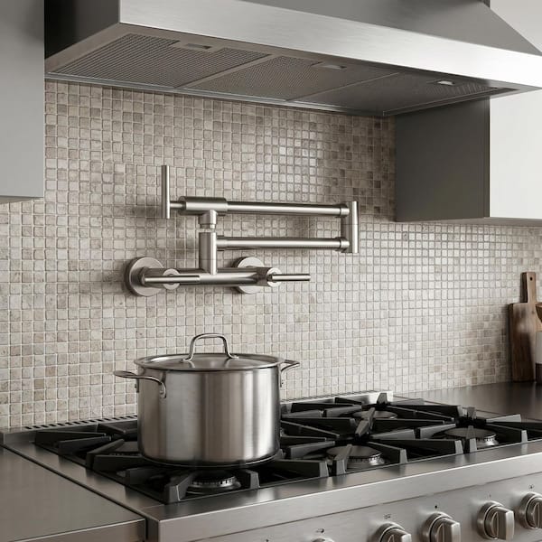 Wall Mounted Folding Pot Filler 3-Handles Kitchen Faucet with 360° Spout Swivel in Brushed Nickel