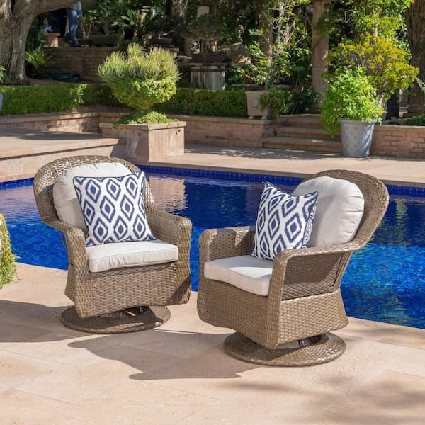 Noble House Brown Iron-Framed Faux Rattan Outdoor Patio Lounge Chairs with Ceramic Gray Cushion (2-Pack)