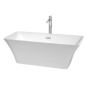 Tiffany 67 in. Acrylic Flatbottom Center Drain Soaking Tub in White with Floor Mounted Faucet in Chrome