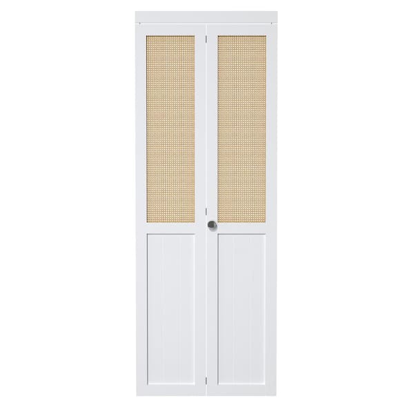 ARK DESIGN 30 in. x 80.5 in. Paneled Solid Core White Finished Wood and Imitated Rattan Weaving Bi-Fold Door with Hardware