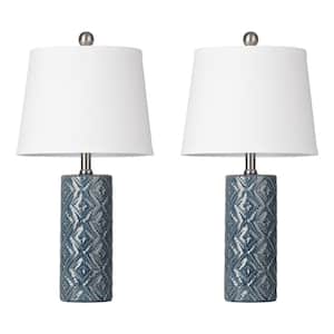 22 in. Blue Ceramic Table Lamp Set with White Empire Lampshade and Rotary Switch (Set of 2)