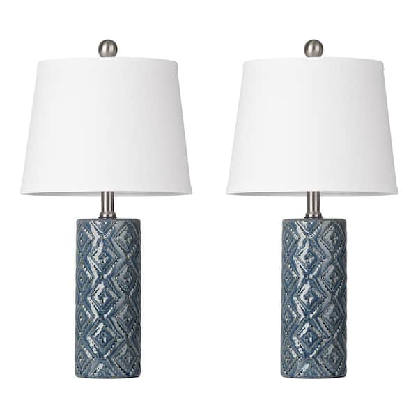 Cinkeda 22 in. Blue Ceramic Table Lamp Set with White Empire Lampshade and Rotary Switch (Set of 2)
