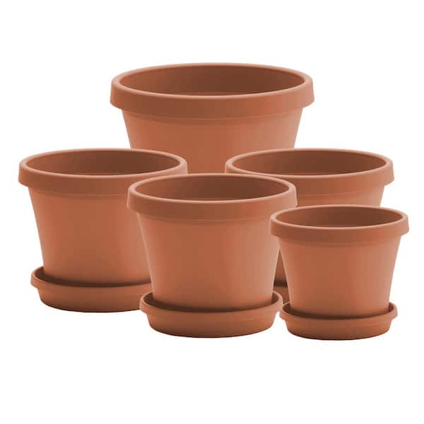 Bloem Terra 10-Piece Nesting Plastic Planters and Matching Saucers, Terra Cotta Color