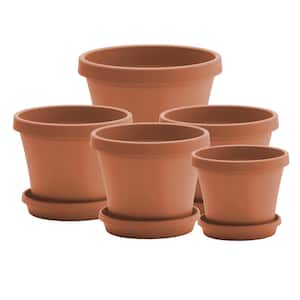 Terra 10-Piece Nesting Plastic Planters and Matching Saucers, Terra Cotta Color