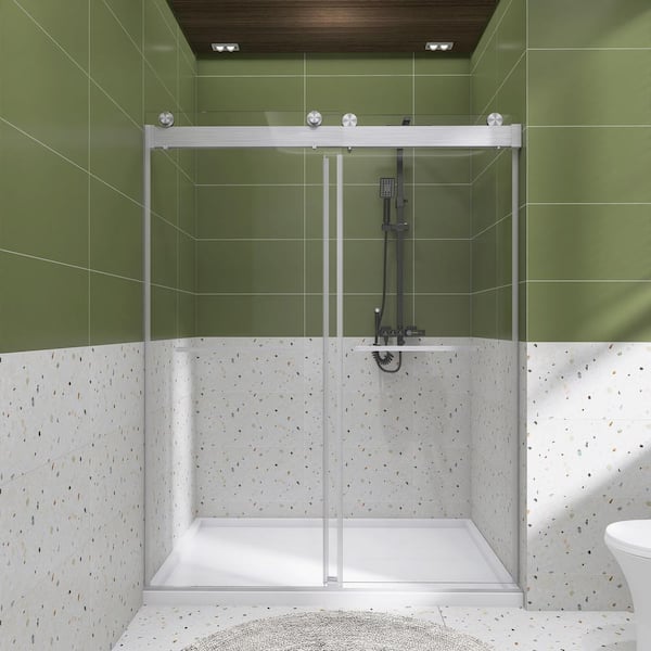 Staykiwi 56 to 60 in. W. x 76 in. H Double Sliding Frameless Soft-Close Shower Door in Brushed Nickel with Tempered Glass