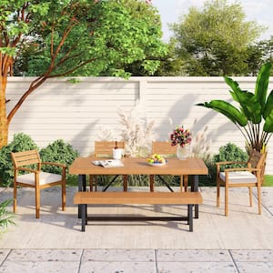 Classic 6-Piece Acacia Wood Outdoor Dining Set with Removable Beige Cushions, Ergonomic Chairs And Bench, Thicker Table
