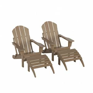 Laguna Outdoor Patio 4 Piece Traditional HDPE Plastic Folding Adirondack Chairs with Footrest Ottomans in Weathered Wood