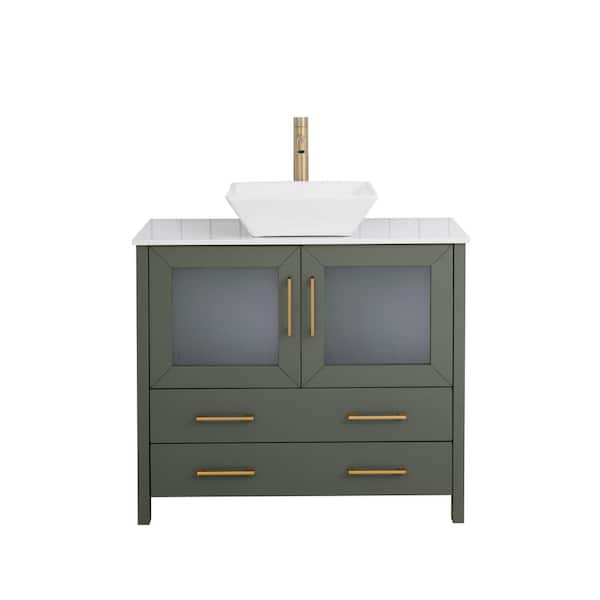 36 in. W Single Basin Vintage Green Bath Vanity with White Engineered Marble Top and Mirror