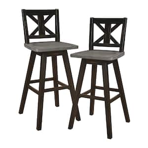 Fenton 28 in. Distressed Gray and Black Wood Swivel Pub Height Chair (X-Back) with Wood Seat (Set of 2)