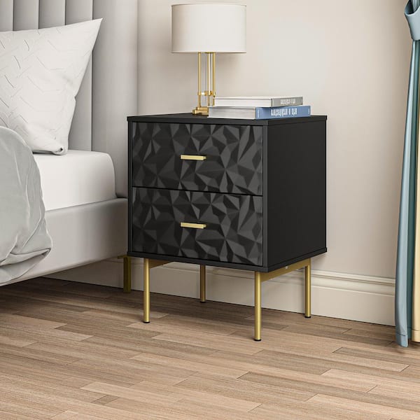 JAYDEN CREATION Vladimiro Black Water ripple Pattern 2-Drawer High Gloss Nightstand Cabinet with Golden Stands