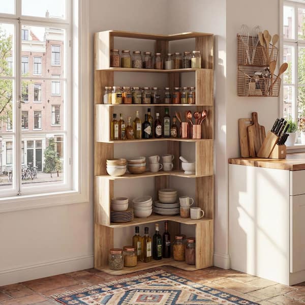 FUFU&GAGA 35.4 in. Wide Bright Wood Grain 7-Shelves Accent