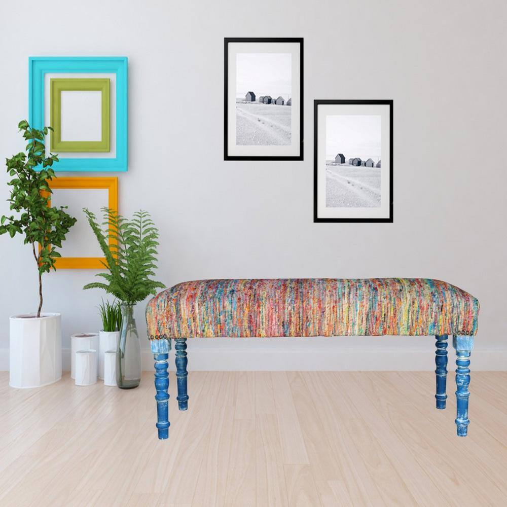 Colorful Chindi 47" Bench with Storage and Blue Legs