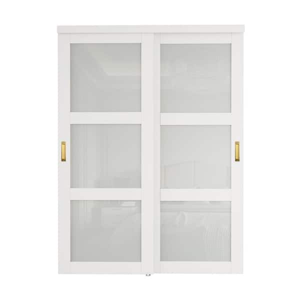 ARK DESIGN 60 in. x 80 in. 3-Lite Frosted Glass White Finished MDF Closet Sliding Door with Hardware and No Grooving Golden Handles