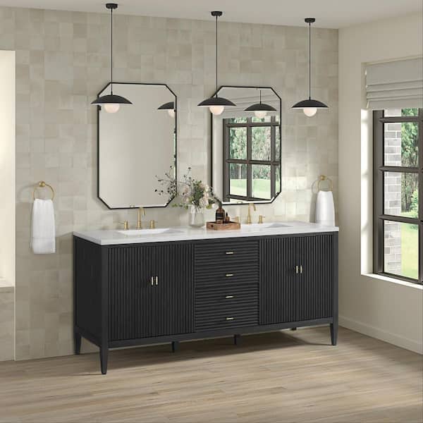 Myrrin 72.0 in. W x 23.5 in. D x 34.06 in. H Double Bathroom Vanity in Carbon Oak with Arctic Fall Solid Surface Top
