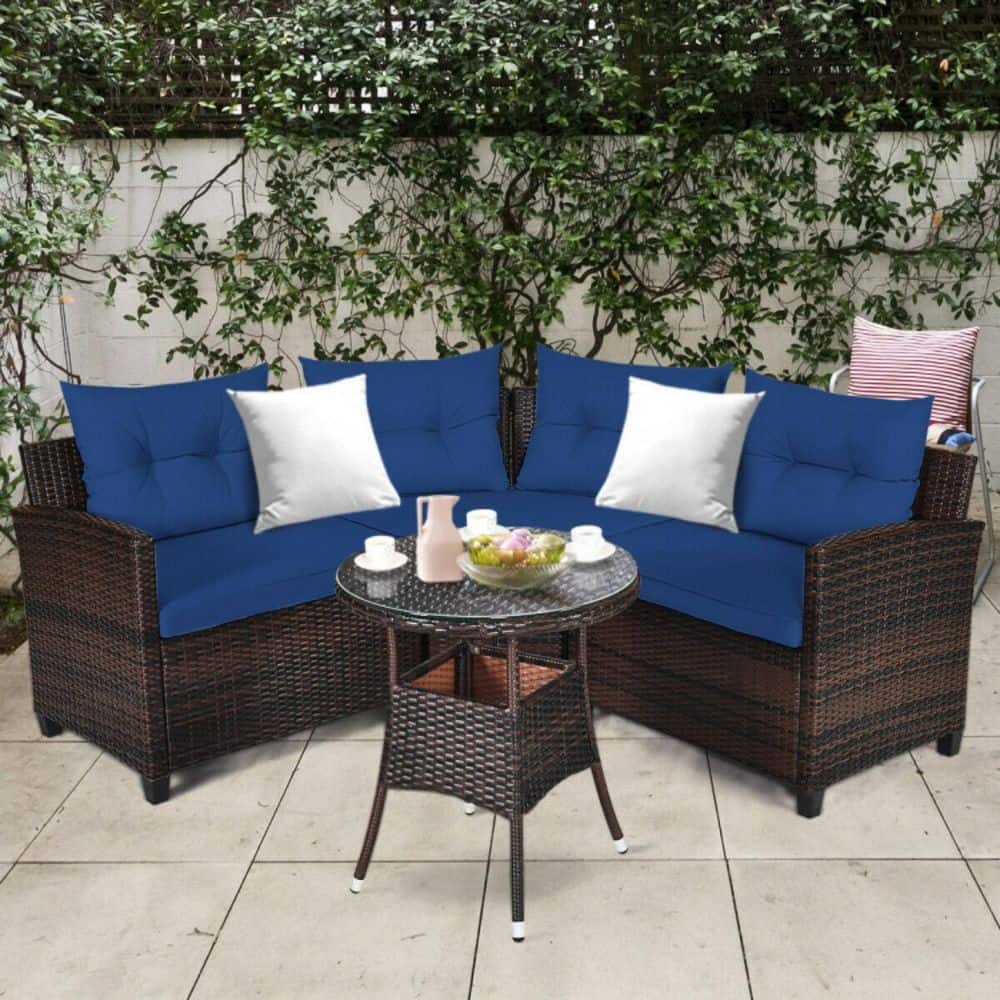 4-Piece Outdoor Wicker Rattan Patio Conversation Set with Cushion in Navy price history on PriceWatchPro